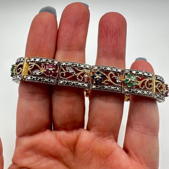 7.25" AMAZING 14k over 925, ruby, sapphire, emerald and diamond bracelet! - Picture 6 of 10